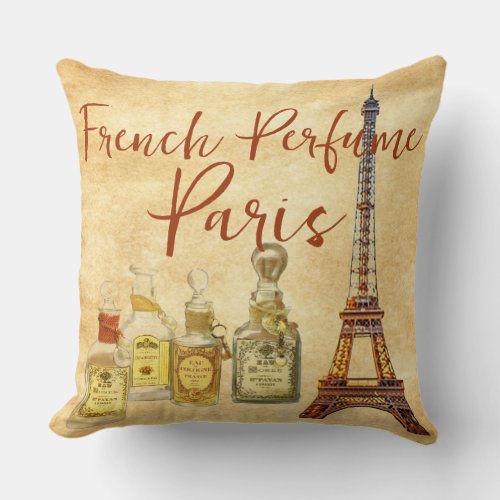 French Perfume Vintage Bottles Eiffel Throw Pillow