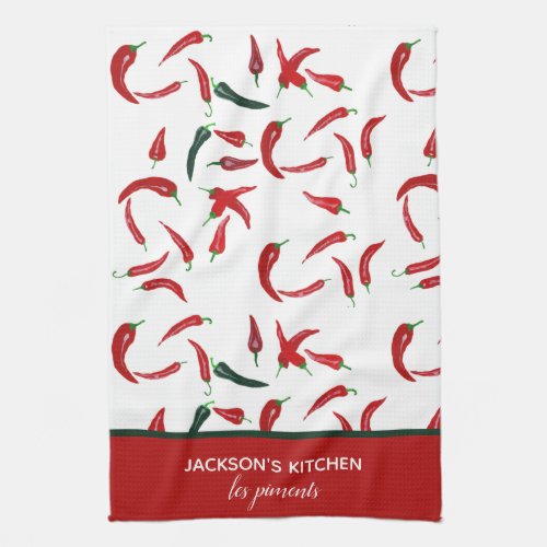 French Personalized Watercolor Red  Green Chilli Kitchen Towel