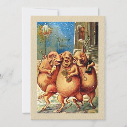 French Pigs Celebrate the New Year Vintage Invitation
