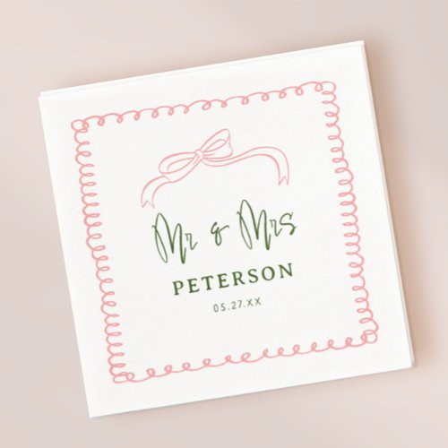 French Pink and Green Mr  Mrs Wedding Monogram Napkins