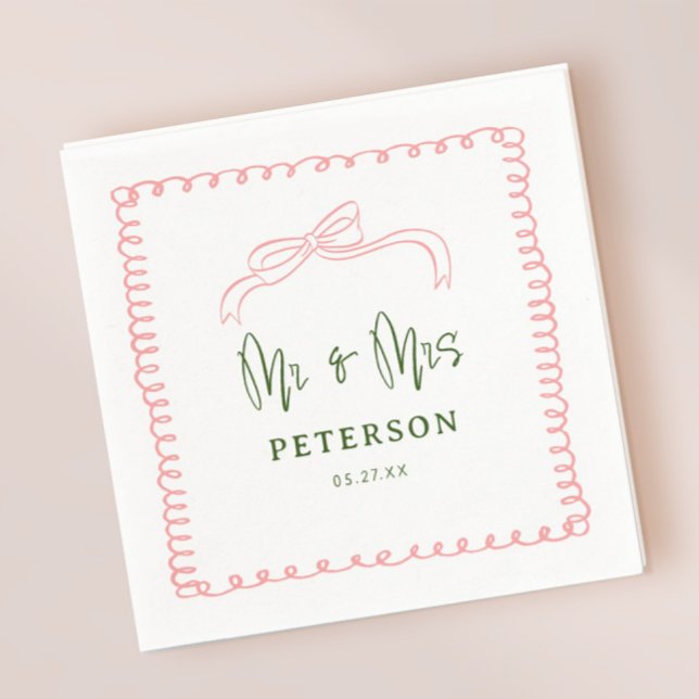 French Pink and Green Mr & Mrs Wedding Monogram Napkins (Creator Uploaded)