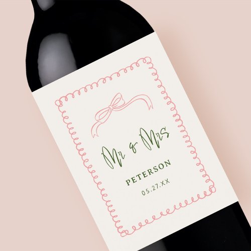French Pink and Green Mr  Mrs Wedding Monogram Wine Label