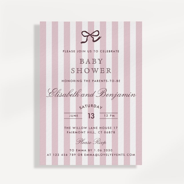 French Pink Bow & Stripes Baby Shower Invitation (Creator Uploaded)