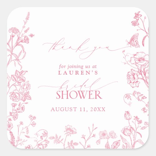 French Pink Classic Floral Bridal Shower Thank You Square Sticker