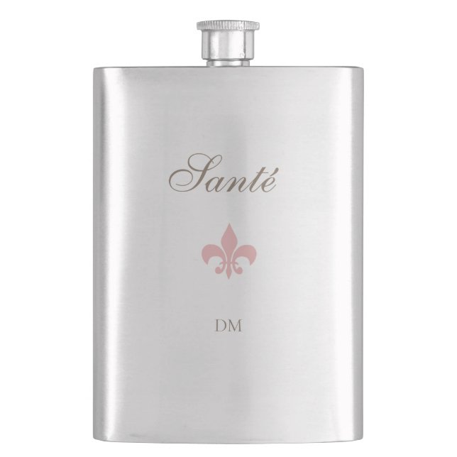 French Pink Fleur de Lis Santé Wedding Favor  Flask (Front)