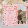 French pink hand drawn illustrated photo wedding invitation