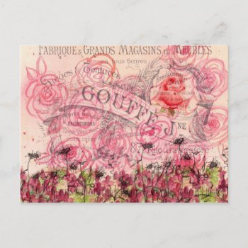 French Pink Rose Flower Watercolor Collage Postcard by CountryGarden at Zazzle