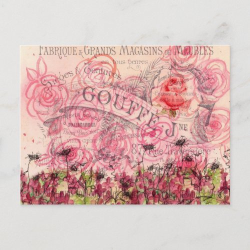 French Pink Rose Flower Watercolor Collage Postcard