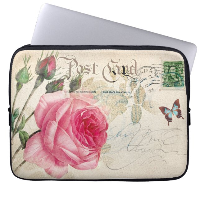 French Pink Rose Neoprene Laptop Sleeve 13 inch (Front)