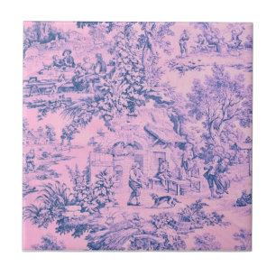 French Pink Toile Chinoiserie Rustic Rococo Style Ceramic Tile