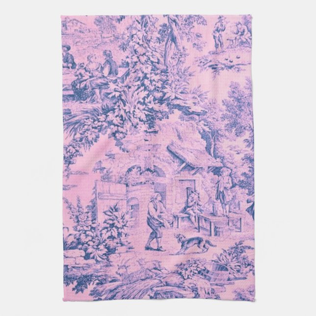 French Pink Toile Chinoiserie Rustic Rococo Style Kitchen Towel (Vertical)