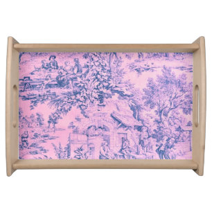 French Pink Toile Chinoiserie Rustic Rococo Style Serving Tray