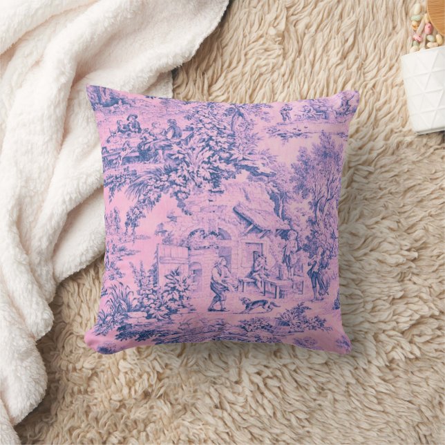 French Pink Toile Chinoiserie Rustic Rococo Style Throw Pillow (Blanket)