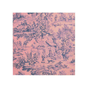 French Pink Toile Chinoiserie Rustic Rococo Style Wood Wall Art