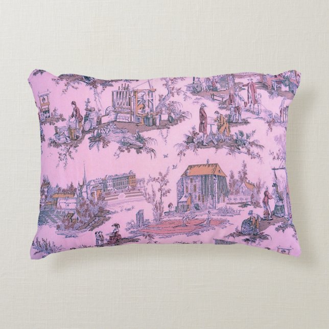 French Pink Toile de Jouy Chinoiserie Style Rustic Accent Pillow (Front)