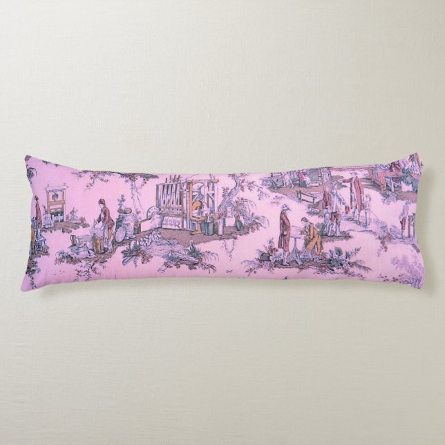 French Pink Toile de Jouy Chinoiserie Style Rustic Body Pillow (Front)