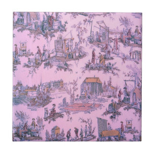 French Pink Toile de Jouy Chinoiserie Style Rustic Ceramic Tile