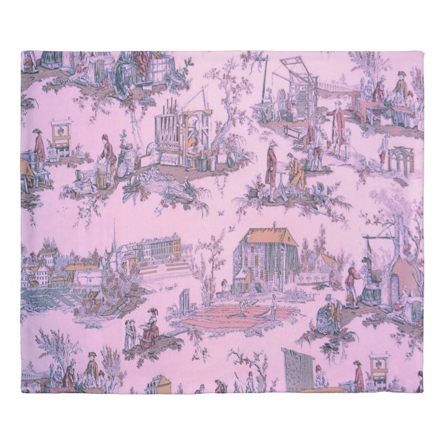 French Pink Toile de Jouy Chinoiserie Style Rustic Duvet Cover (Front)