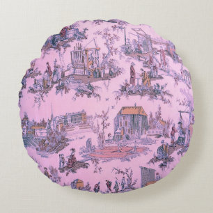 French Pink Toile de Jouy Chinoiserie Style Rustic Round Pillow