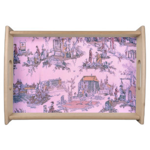 French Pink Toile de Jouy Chinoiserie Style Rustic Serving Tray