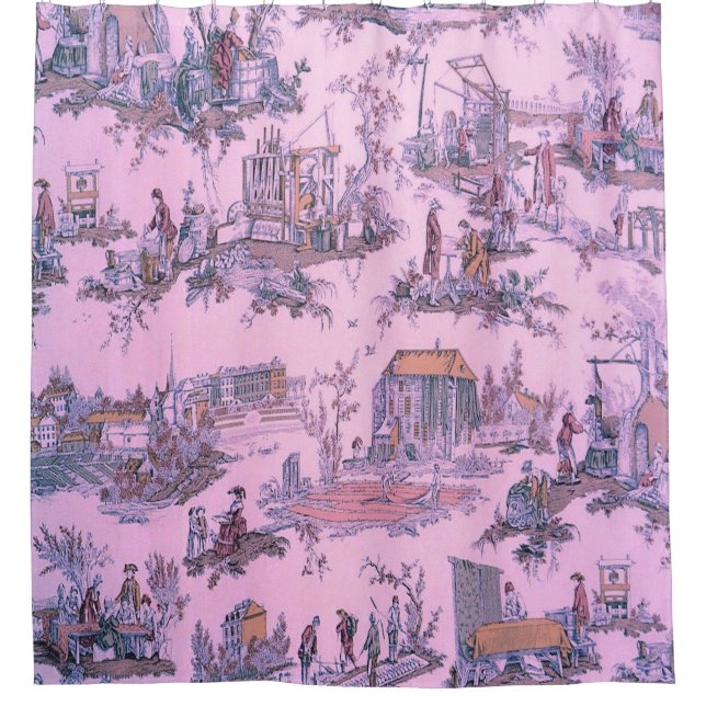French Pink Toile de Jouy Chinoiserie Style Rustic Shower Curtain (Front)