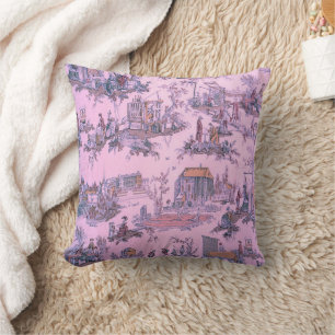 French Pink Toile de Jouy Chinoiserie Style Rustic Throw Pillow