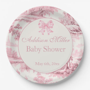 French Pink Toile Floral Bow Baby Girl Shower  Paper Plates