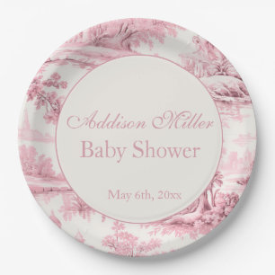 French Pink Toile Floral Bow Baby Girl Shower Paper Plates