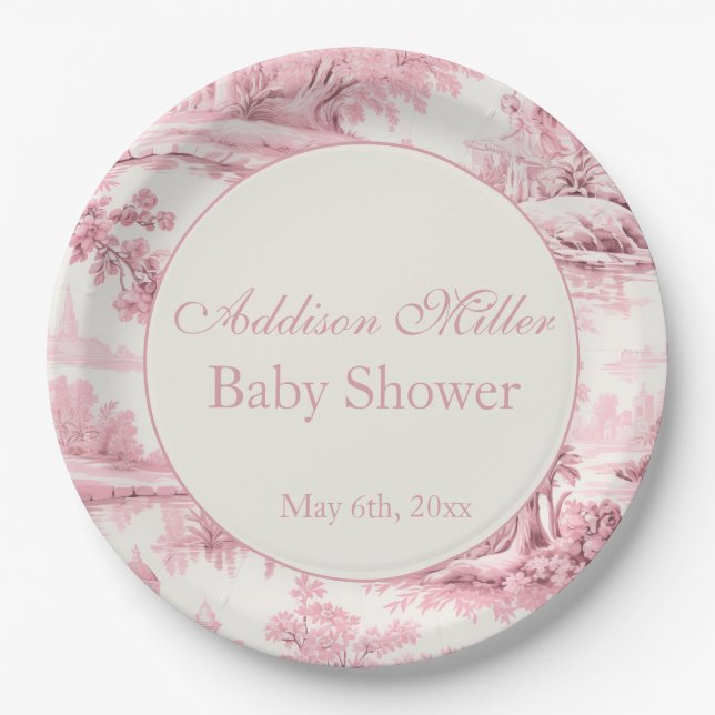 French Pink Toile Floral Bow Baby Girl Shower  Paper Plates (Front)