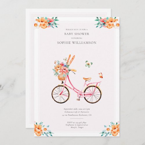 French Pink Vintage Bicycle Baby Shower  Invitation
