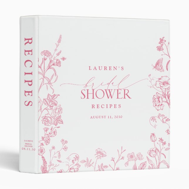 French Pink & White Victorian Bridal Shower Recipe 3 Ring Binder (Front/Spine)