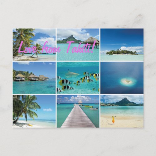 French Polynesia collage pink text postcard