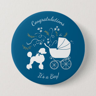 French Poodle Baby Shower Dog Puppy Blue Boy Button