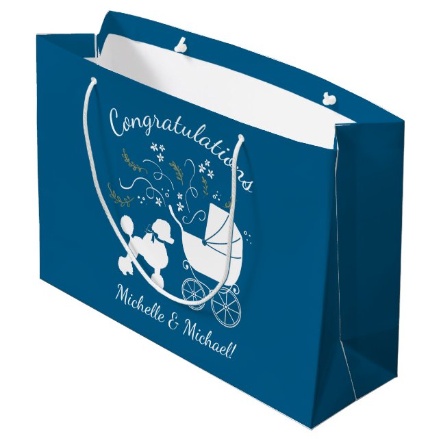 French Poodle Baby Shower Dog Puppy Blue Boy Large Gift Bag (Back Angled)