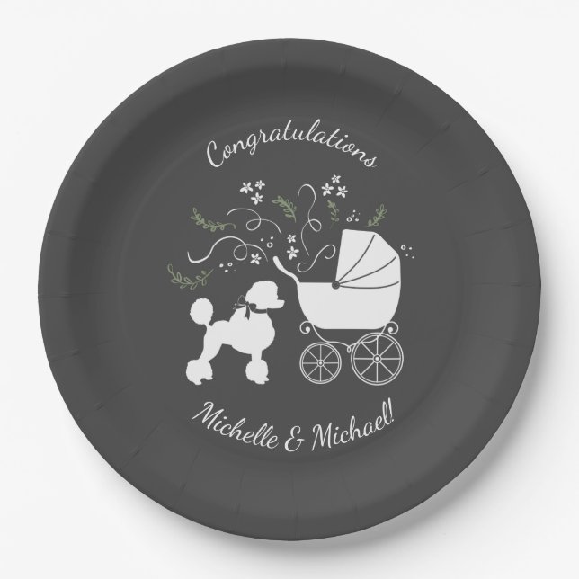 French Poodle Dog Baby Shower Puppy Grey Paper Plates (Front)
