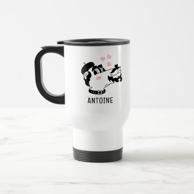 French Poodle Dog Wearing Beret Personalized Name Travel Mug (Left)