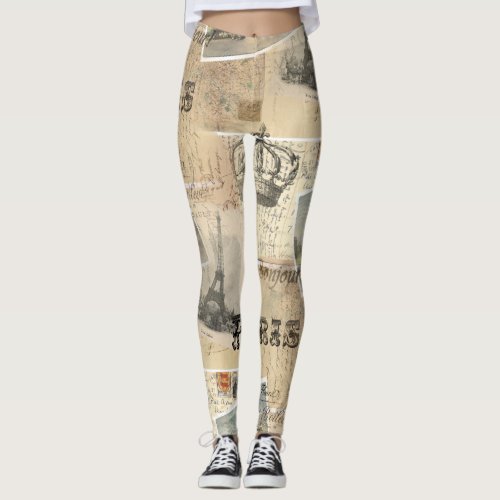 French Postcard Collage Leggings
