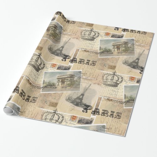 French Postcard Collage Wrapping Paper