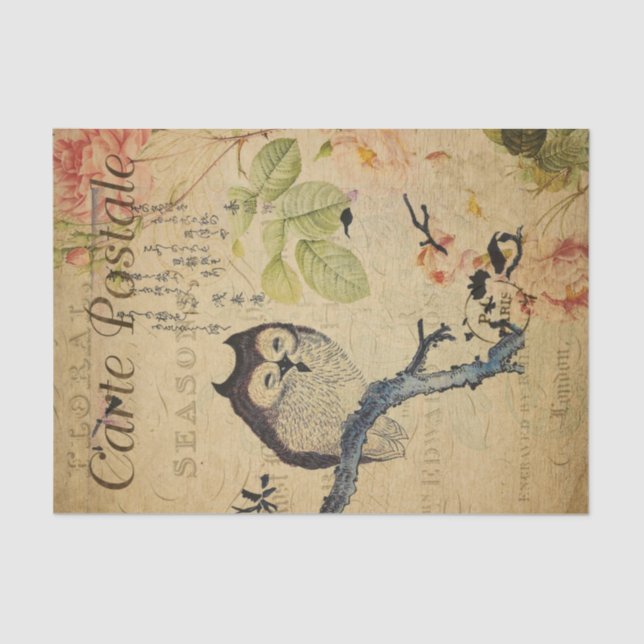 French Postcard Ephemera Owl Pink Roses Decoupage  Tissue Paper (Front)