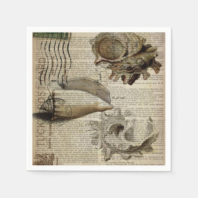french print beach conch shell coastal chic paper napkins (Front)