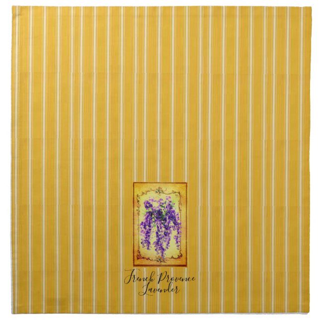 French Provence Yellow Stripes with Lavender Label Cloth Napkin (Front)