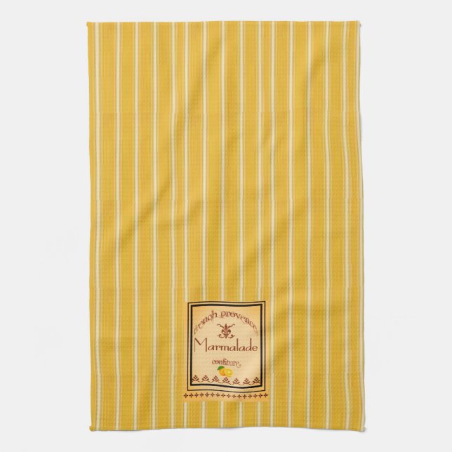 French Provence Yellow Stripes with Text Label Kitchen Towel (Vertical)