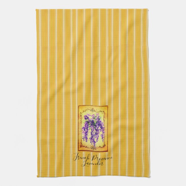 French Provence Yellow Stripes with Wisteria Label Kitchen Towel (Vertical)