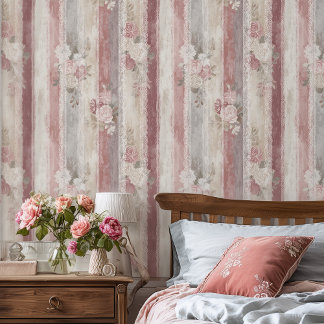 French Provincial Rustic Rose Stripe Wallpaper
