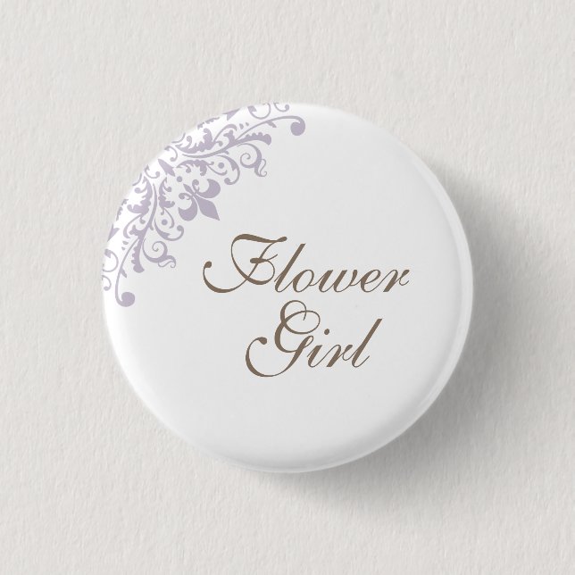 French Purple Fleur de Lis Script Flower Girl Button (Front)
