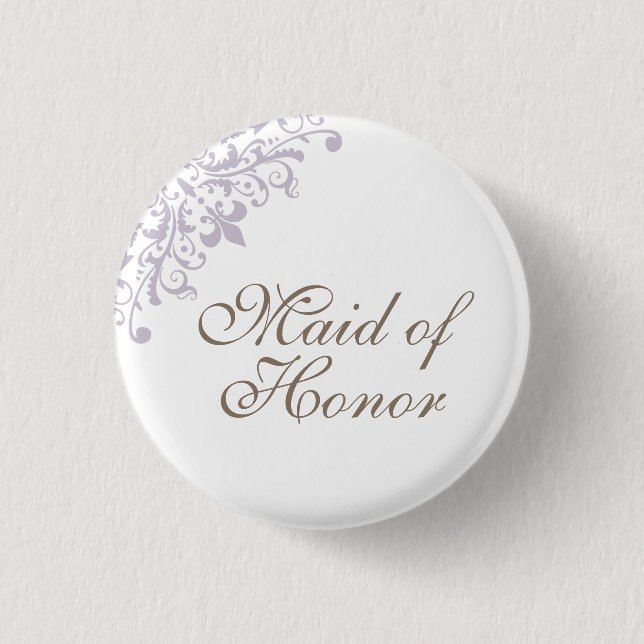 French Purple Fleur de Lis Script Maid of Honor Button (Front)