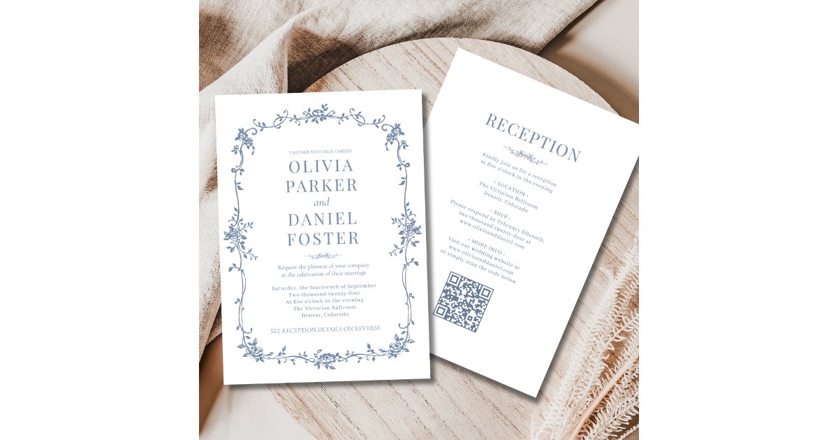French QR Code All in One Dusty Blue Wedding Invitation | Zazzle