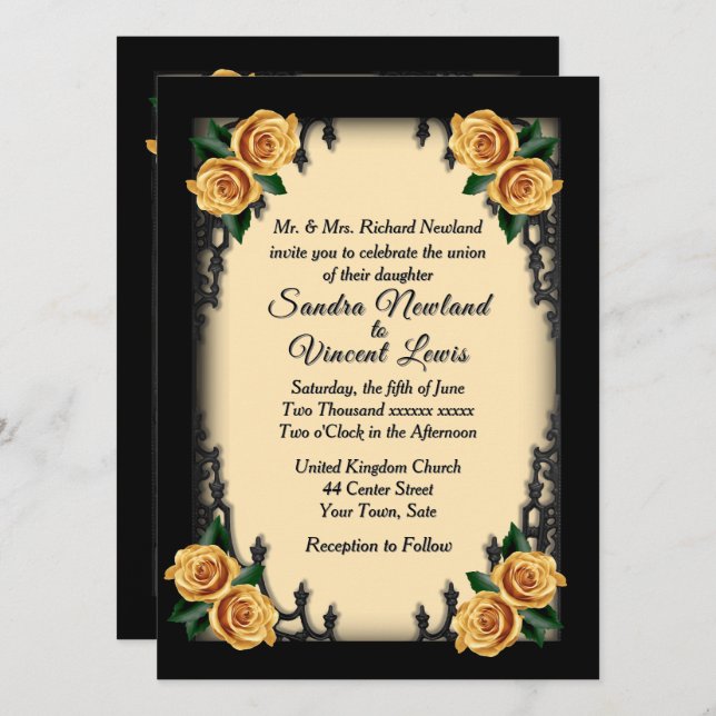 French Quarter Goth 4 Corner Yellow Rose Wedding Invitation (Front/Back)