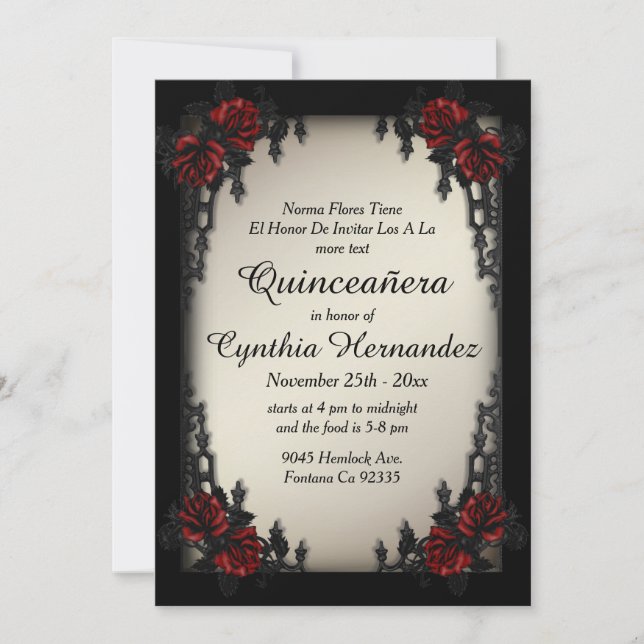 French Quarter Goth Antique Gold Quinceañera Invitation (Front)