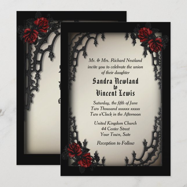 French Quarter Gothic Red Rose on Antique Gold Invitation (Front/Back)